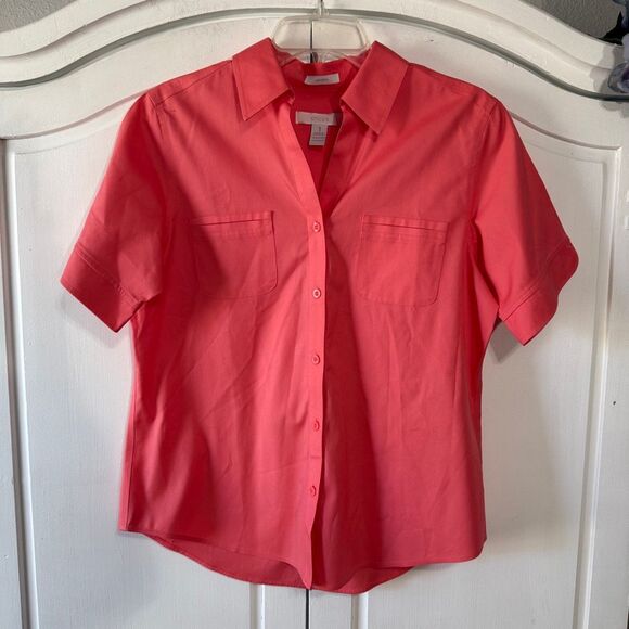 Chico's Poppy Colored No-Iron Camp Shirt, Size Medium - Picture 1 of 9